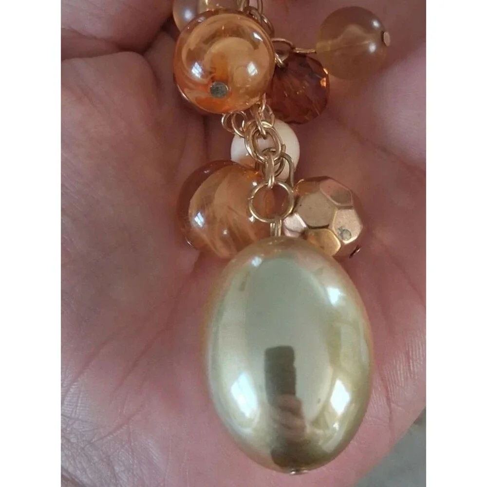 Gold Tone Orange Assorted Beads Cluster Pendant Y-Drop Lariat Statement Necklace